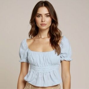 Aritzia Wilfred Sunday Best Janis Light Blue Smocked Blouse Size Large